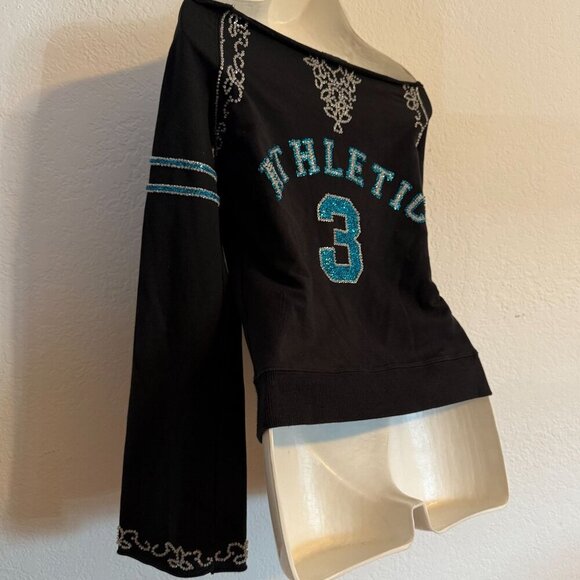 Bebe Sport Black Top SZ Medium Embellished Zip-Up Cold Shoulder Athleisure - Picture 6 of 9